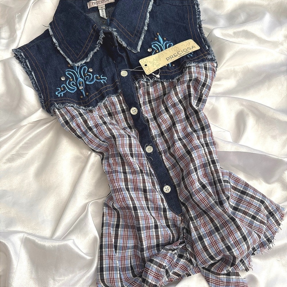 Preciosa Collection Plaid Denim Tie Front Sleeveless Top Embroidered Western S